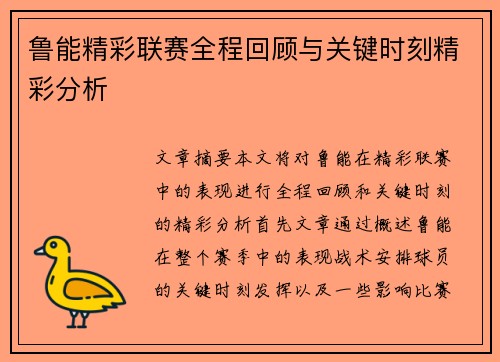 鲁能精彩联赛全程回顾与关键时刻精彩分析